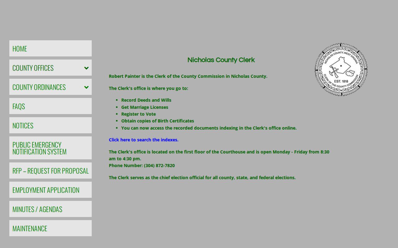 Nicholas County deed records contact page for the County Clerk
