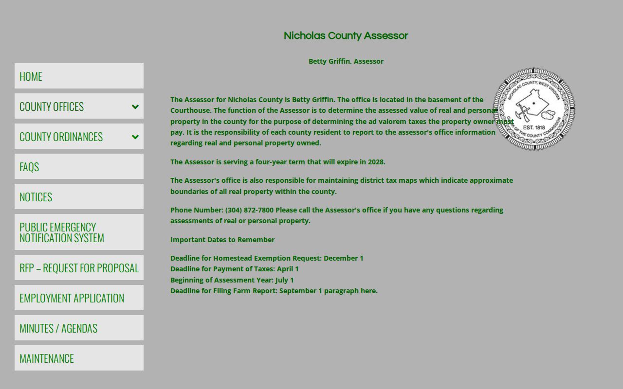 Nicholas County property tax records contact and calendar at the local Assessor office