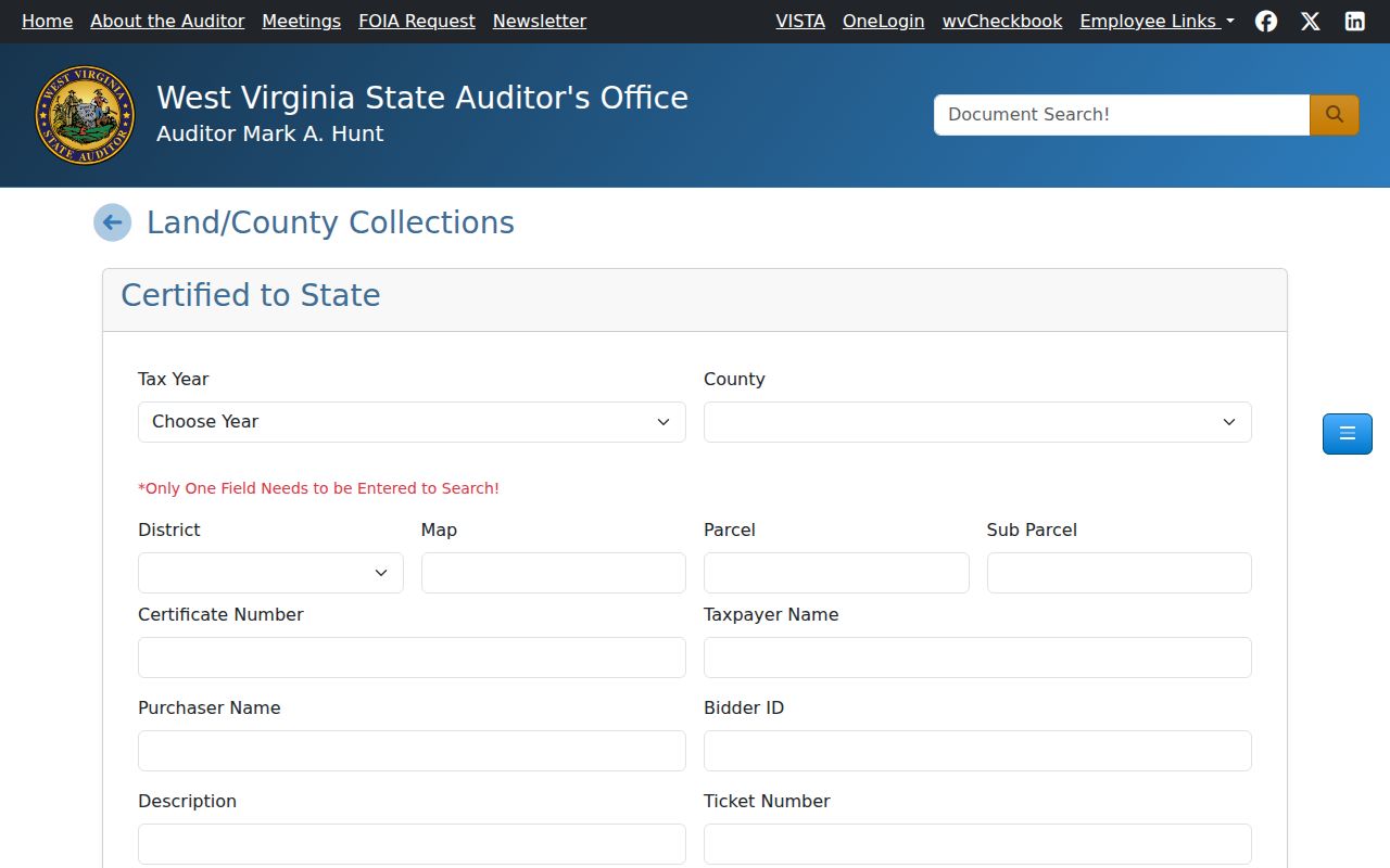 Nicholas County property records search in the State Auditor land collection system